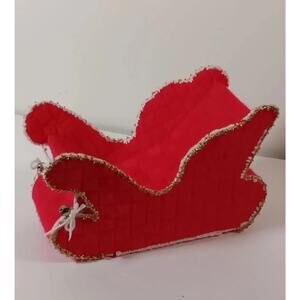 Vintage  Plastic Canvas Needlepoint Christmas Sleigh Handmade Red Gold 13x9x6